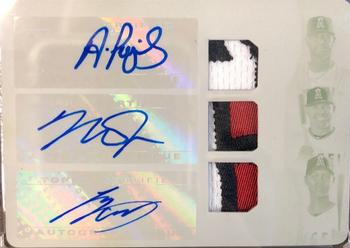 2018 Topps Triple Threads - Autograph Relic Combos White Whale Printing Plates Black #ARC-AMS Mike Trout / Albert Pujols / Shohei Ohtani Front