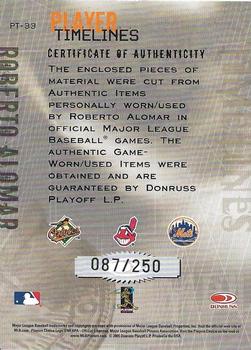 2005 Donruss Throwback Threads - Player Timelines Material #PT-33 Roberto Alomar Back