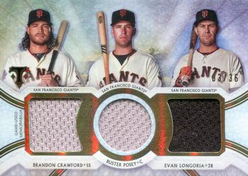 2018 Topps Triple Threads - Relic Combos #RCC-BBE Evan Longoria / Buster Posey / Brandon Crawford Front