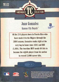 2005 Donruss Throwback Threads - Throwback Collection #TC-22 Juan Gonzalez Back