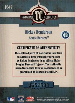 2005 Donruss Throwback Threads - Throwback Collection Material #TC-46 Rickey Henderson Back