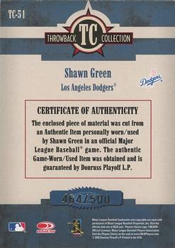 2005 Donruss Throwback Threads - Throwback Collection Material #TC-51 Shawn Green Back