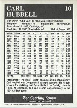 1991 Conlon Collection TSN - No MLB Logo #10 Carl Hubbell Back