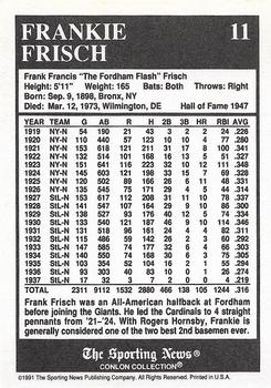 1991 Conlon Collection TSN - No MLB Logo #11 Frankie Frisch Back