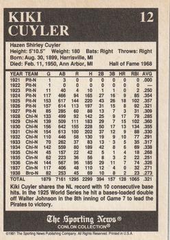 1991 Conlon Collection TSN - No MLB Logo #12 Kiki Cuyler Back