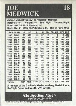 1991 Conlon Collection TSN - No MLB Logo #18 Joe Medwick Back