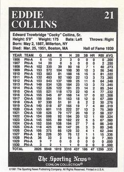 1991 Conlon Collection TSN - No MLB Logo #21 Eddie Collins Back