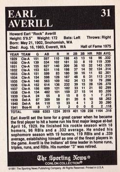 1991 Conlon Collection TSN - No MLB Logo #31 Earl Averill Back