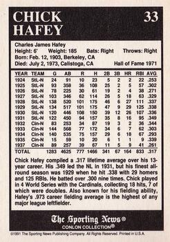 1991 Conlon Collection TSN - No MLB Logo #33 Chick Hafey Back