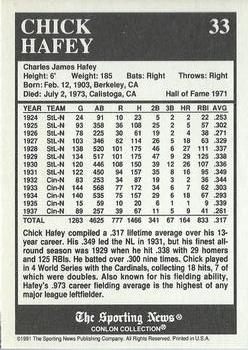 1991 Conlon Collection TSN - No MLB Logo #33 Chick Hafey Back