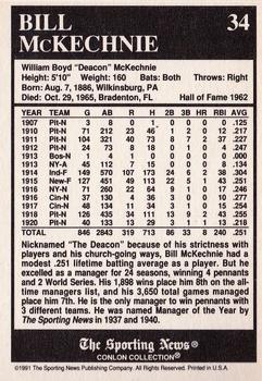 1991 Conlon Collection TSN - No MLB Logo #34 Bill McKechnie Back