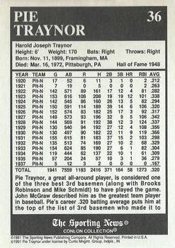 1991 Conlon Collection TSN - No MLB Logo #36 Pie Traynor Back