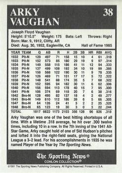 1991 Conlon Collection TSN - No MLB Logo #38 Arky Vaughan Back