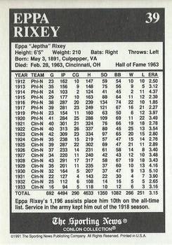 1991 Conlon Collection TSN - No MLB Logo #39 Eppa Rixey Back