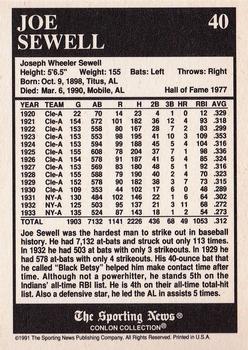 1991 Conlon Collection TSN - No MLB Logo #40 Joe Sewell Back