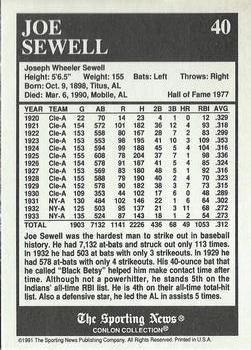1991 Conlon Collection TSN - No MLB Logo #40 Joe Sewell Back
