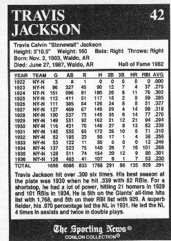 1991 Conlon Collection TSN - No MLB Logo #42 Travis Jackson Back