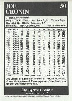 1991 Conlon Collection TSN - No MLB Logo #50 Joe Cronin Back