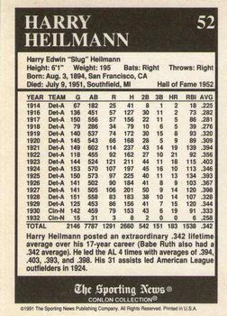 1991 Conlon Collection TSN - No MLB Logo #52 Harry Heilmann Back