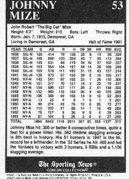 1991 Conlon Collection TSN - No MLB Logo #53 Johnny Mize Back