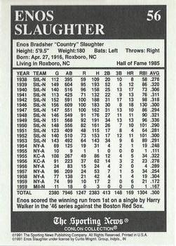1991 Conlon Collection TSN - No MLB Logo #56 Enos Slaughter Back