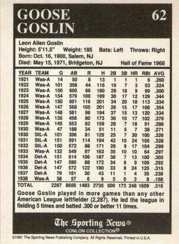 1991 Conlon Collection TSN - No MLB Logo #62 Goose Goslin Back