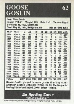 1991 Conlon Collection TSN - No MLB Logo #62 Goose Goslin Back