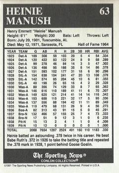 1991 Conlon Collection TSN - No MLB Logo #63 Heinie Manush Back