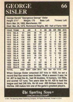1991 Conlon Collection TSN - No MLB Logo #66 George Sisler Back