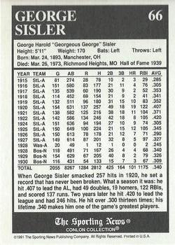 1991 Conlon Collection TSN - No MLB Logo #66 George Sisler Back