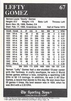 1991 Conlon Collection TSN - No MLB Logo #67 Lefty Gomez Back