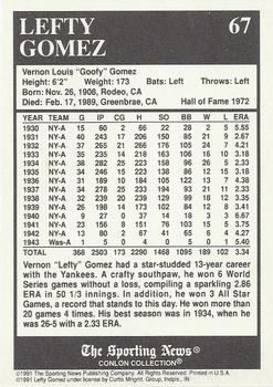 1991 Conlon Collection TSN - No MLB Logo #67 Lefty Gomez Back