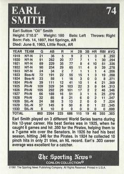 1991 Conlon Collection TSN - No MLB Logo #74 Earl Smith Back