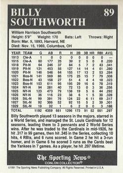 1991 Conlon Collection TSN - No MLB Logo #89 Billy Southworth Back