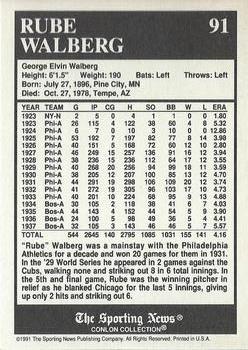 1991 Conlon Collection TSN - No MLB Logo #91 Rube Walberg Back