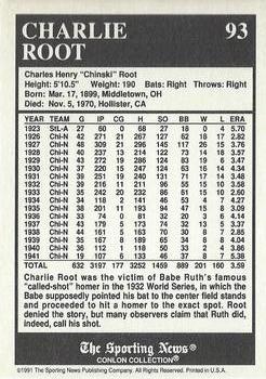 1991 Conlon Collection TSN - No MLB Logo #93 Charlie Root Back