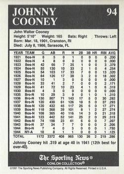 1991 Conlon Collection TSN - No MLB Logo #94 Johnny Cooney Back