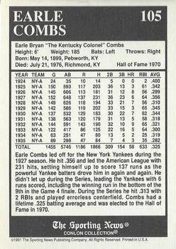 1991 Conlon Collection TSN - No MLB Logo #105 Earle Combs Back