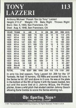 1991 Conlon Collection TSN - No MLB Logo #113 Tony Lazzeri Back