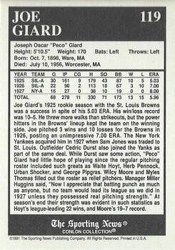 1991 Conlon Collection TSN - No MLB Logo #119 Joe Giard Back