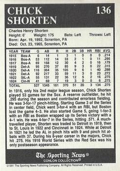 1991 Conlon Collection TSN - No MLB Logo #136 Chick Shorten Back