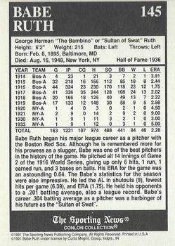 1991 Conlon Collection TSN - No MLB Logo #145 Babe Ruth Back