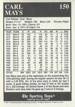 1991 Conlon Collection TSN - No MLB Logo #150 Carl Mays Back