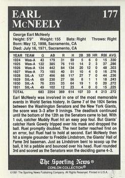 1991 Conlon Collection TSN - No MLB Logo #177 Earl McNeely Back