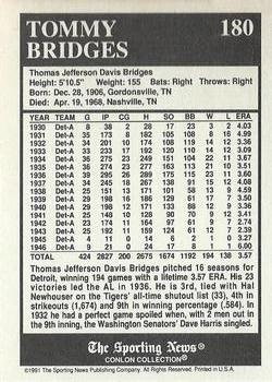 1991 Conlon Collection TSN - No MLB Logo #180 Tommy Bridges Back