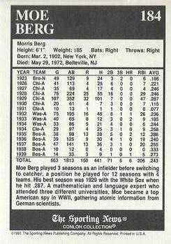 1991 Conlon Collection TSN - No MLB Logo #184 Moe Berg Back