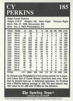 1991 Conlon Collection TSN - No MLB Logo #185 Cy Perkins Back