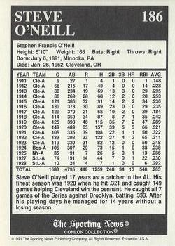 1991 Conlon Collection TSN - No MLB Logo #186 Steve O'Neill Back