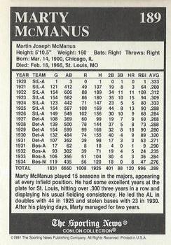 1991 Conlon Collection TSN - No MLB Logo #189 Marty McManus Back