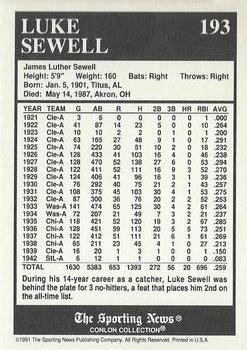 1991 Conlon Collection TSN - No MLB Logo #193 Luke Sewell Back